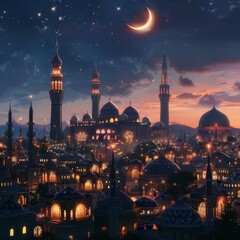 Islamic Silhouette mosques on dusk with crescent moon over mountain, religion of Islam and free space for text Ramadan Kareem, Eid Al Fitr, Eid Al Adha, Eid Mubarak. High quality photo