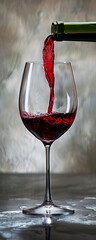 Create a detailed image of a wine glass as red wine is being poured into it. Focus on capturing the rich color and fluid motion of the wine flowing from the dark