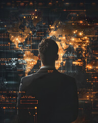 Man in Suit Standing Near Computer Screen in a Dark Environment