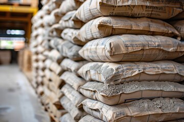 Cement bags stored on construction pallets - obrazy, fototapety, plakaty