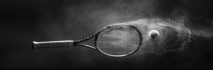 Tennis racket racquet isolated against a black background in black and white