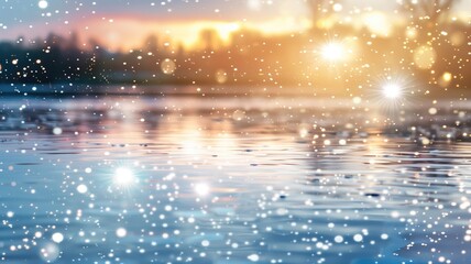 As night falls, a serene lake glistens under a sky dotted with stars, evoking a sense of winter's quiet magic
