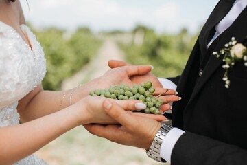 a bride holding her husband's hand with a bunch of grapes