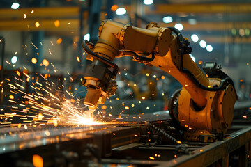 Fototapeta premium Industrial Robot Welding Metal Parts in a Factory