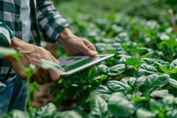 Obraz na płótnie Canvas a farmer using a white screen mockup tablet to monitor crop growth and soil health