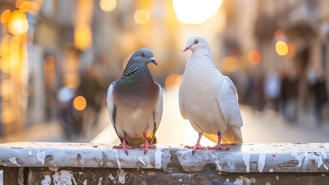 Two pigeons, one white and one gray, on a ledge against a city sunset