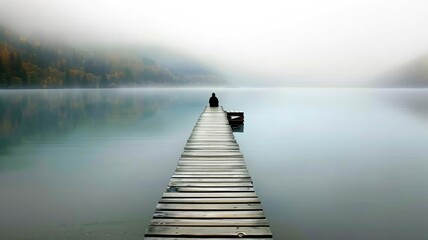 A person sits at the end of a wooden dock, overlooking a serene, mist-covered lake surrounded by autumn trees