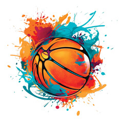 Graffiti style drawing orange color basketball pattern background illustration with colorful doodle splashes, splatters. Isolated painted basketball ball on white background. Sports trendy design