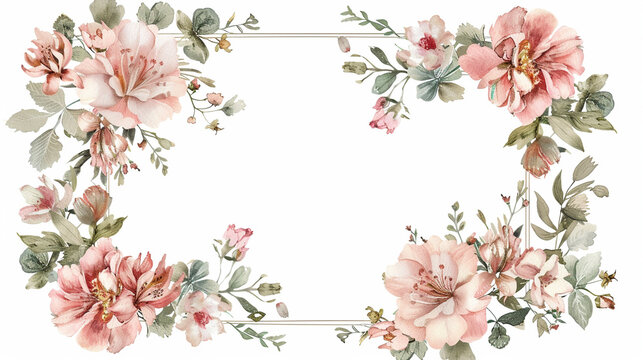 rectangular wreath of wildflowers in blush pinks and sage. watercolor style. plain white background