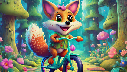 Oil painting  style happy red fox riding a green eco-friendly bicycle