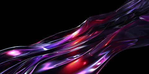 abstract 3D background in the form of a transparent violet-red wave on a black background, liquid glass texture, purple and red iridescent shiny wave