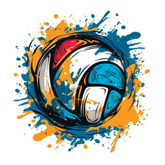 Graffiti style drawing colorful volleyball pattern background illustration with doodle splashes, splatters. Isolated painted volleyball ball on white background. Sports creative trendy design