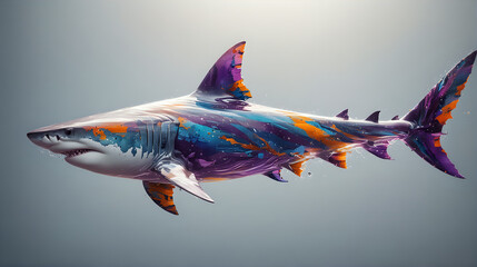 a striking depiction of a shark, rendered with splashes of vivid orange and purple hues that blend into its form, creating a dynamic fusion of wildlife and abstract art against a soft grey backdrop - obrazy, fototapety, plakaty