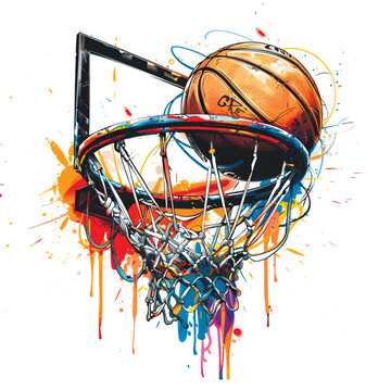 Graffiti style drawing basketball ball in basket pattern background illustration with colorful doodle splashes, splatters. Isolated painted basketball ball on white background. Sports trendy design