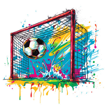 Graffiti style drawing water polo soccer ball flying into the goal sports pattern background illustration with colorful painted splashes, splatters, doodles. Trendy colorful waterpolo soccer design