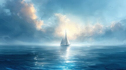 A small sailboat sailing on the sea, watercolor style - obrazy, fototapety, plakaty