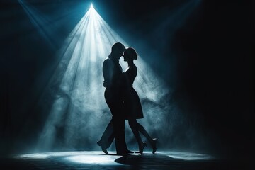 couple Dance tango in dance dark studio spot light on scene - obrazy, fototapety, plakaty