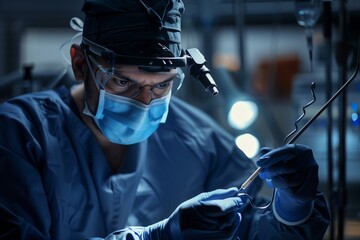 surgeon in deep concentration maneuvering laparoscopic instruments - obrazy, fototapety, plakaty