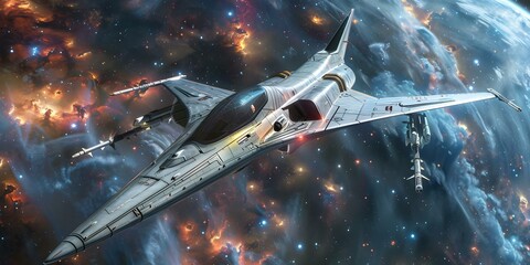 Sleek Futuristic Fighter Jet Featuring Advanced Technology in a Galactic Setting. Concept Futuristic Technology, Advanced Fighter Jet, Galactic Setting, Sci-Fi Concept, Sleek Design