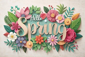 Hello Spring lettering with flowers and leaves. - obrazy, fototapety, plakaty