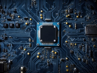 Fototapeta premium Blue neon computer motherboard background - technology design.