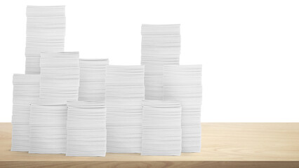 Stack of paper documents on the table Document work in the office Isolated pile on white background.