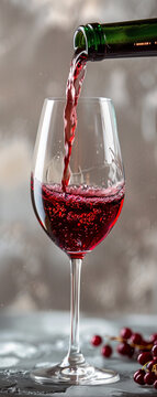 Create a detailed image of a wine glass as red wine is being poured into it