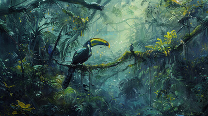 Tropical rainforest, plants, big trees, animals, birds, feathers, vines, moss, rich layers, oil painting style