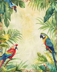 Tropical foliage and colorful small parrots, estranged at the outer edge of the writing paper and stationery