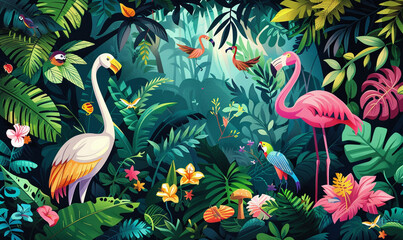 Design a surrealist illustration with a tropical rainforest style - obrazy, fototapety, plakaty