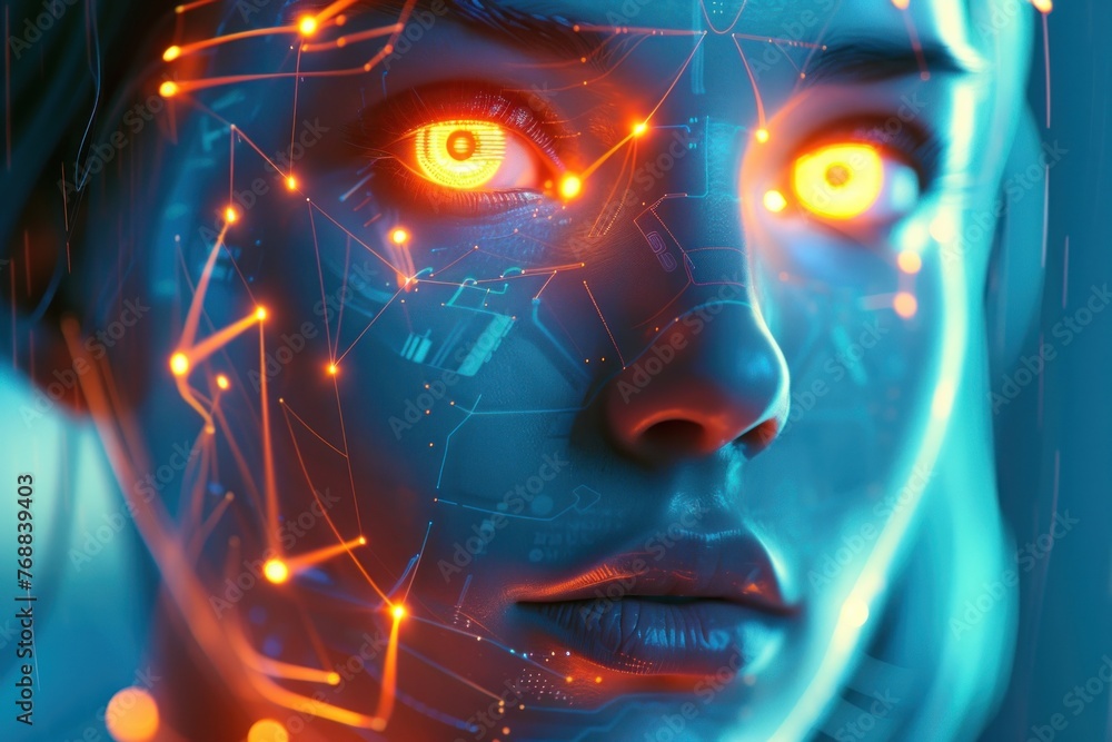 Poster female artificial intelligence robot face with glowing connection