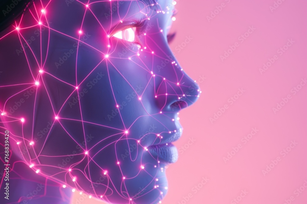 Poster female artificial intelligence robot face with glowing connection
