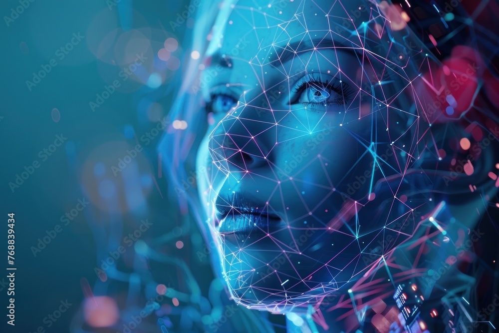 Poster female artificial intelligence robot face with glowing connection
