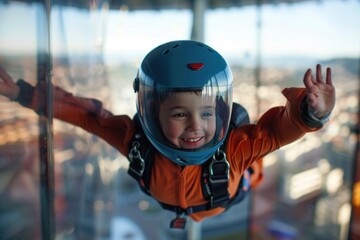 Free falling of a child boy in a simulator at a city skydiving center