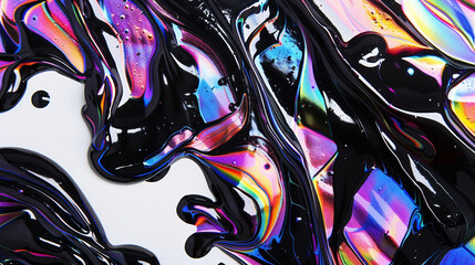 iridescent paint, black and white spaces, colorful and metallic multicolored holographic iridescent liquid