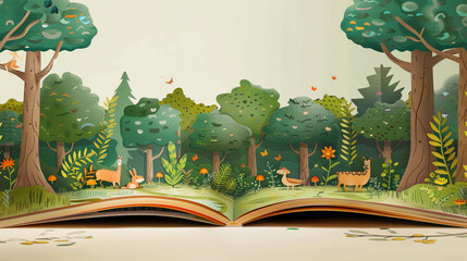 Childrenâ€™s picture book, Magical forest, hidden animals, minimalist, symmetrical decomposition