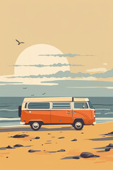 van bus with sun at the beach, flat design, minimalist drawing