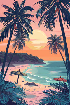 a poster image in the art nouveau style, of palm trees, sunset, beach, beach umbrella