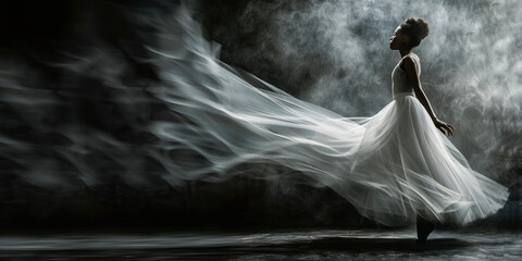 Graceful ballerina in white dress dancing in the air with flowing fabric, portraying elegance and beauty