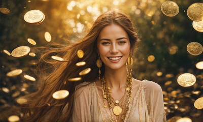 Wealthy young woman in a money rain - AI generated