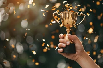 Hand holding gold trophy cup with confetti