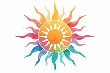 An exquisite watercolor illustration of a sun on white background, featuring vibrant pastel color