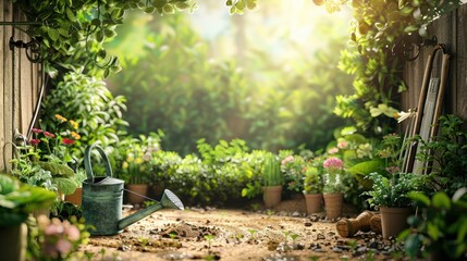 A peaceful garden nook with lush plants, a classic watering can, and sunlight filtering through the greenery. - obrazy, fototapety, plakaty
