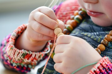child threading wooden beads onto a yarn necklace