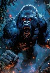 Gorila selvagem irado com olhos vermelhos, pronto para batalha, ilustração