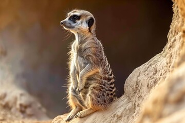meerkat on guard at burrow opening - obrazy, fototapety, plakaty
