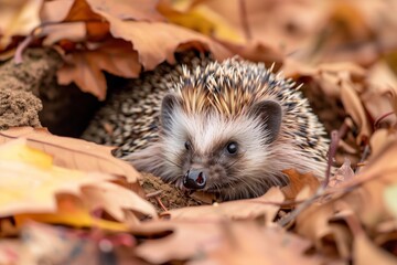 hedgehog nestled in a leafcovered burrow - obrazy, fototapety, plakaty