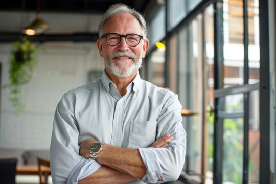 Happy mid aged older business man executive standing in office .