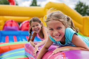 Fototapeta na wymiar Kids on the inflatable bounce house