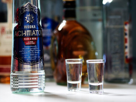 Germany - March 27, 2024: In this photo illustration, a bottle of  Achmatov Vodka  seen displayed on a table.